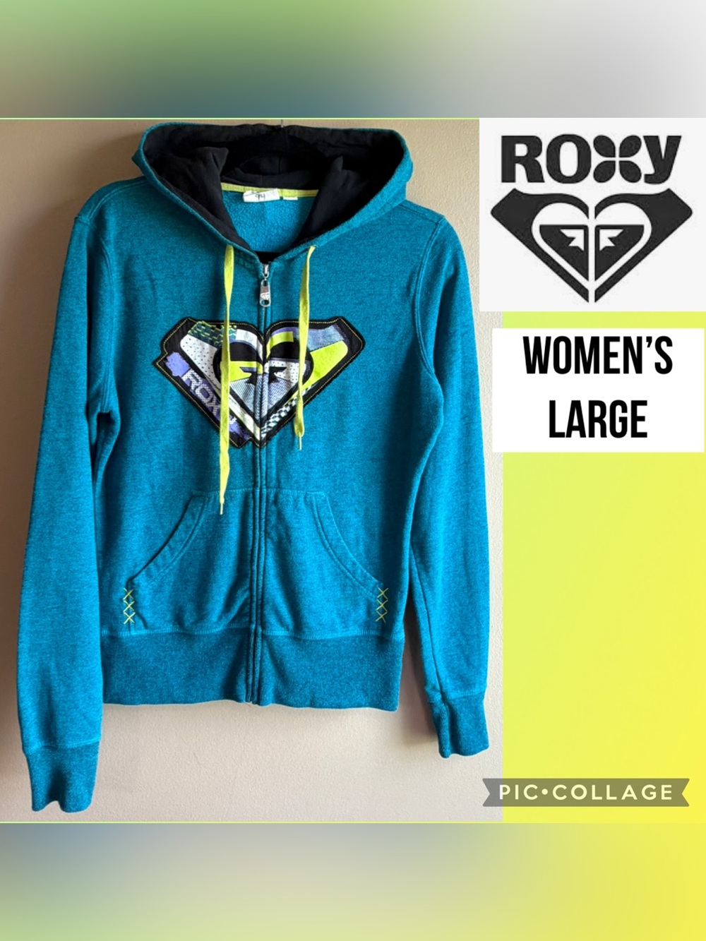 VTG Roxy Womens Hoodie Y2K Full Zip Up Sweatshirt Teal Surf Skater Grunge Size L